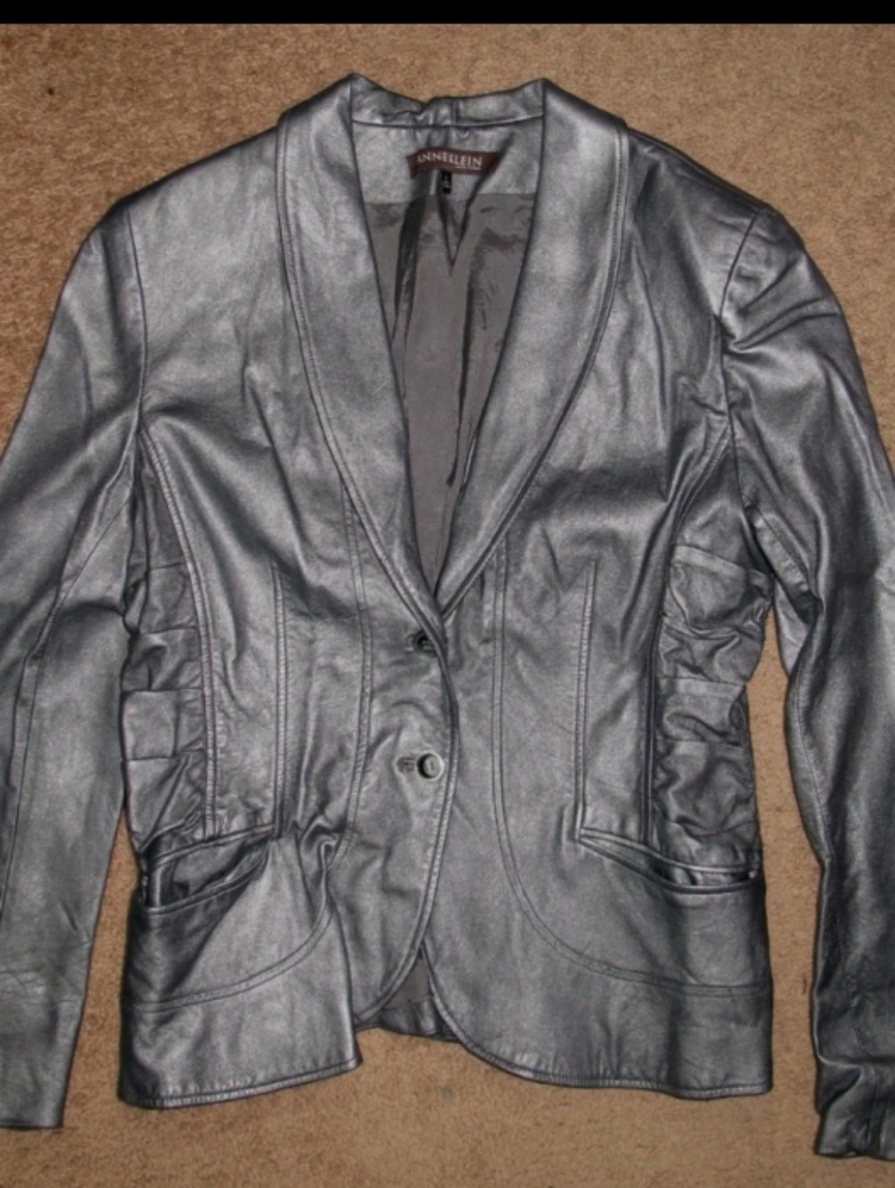 Anne Klein New York Women's 100% Leather Blazer Jacket Metallic Gray Size Large